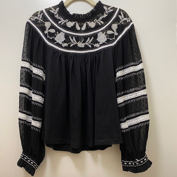 NWT MAEVE ANTHROPOLOGIE BLACK LACE PEASANT BLOUSE - Picture 2 of 5